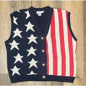 VTG Sweater Loft Sleeveless Knit Cardigan Sweater Vest USA Flag Star Stripe XL